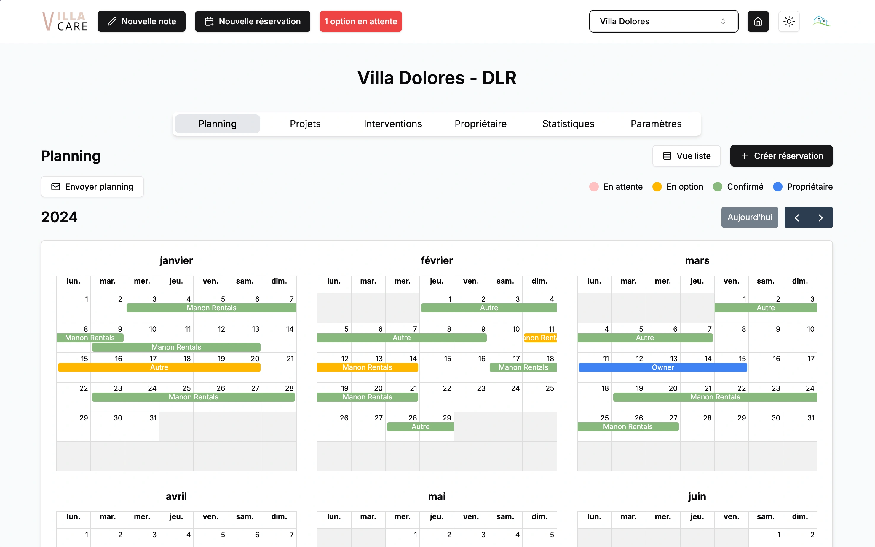Interface de gestion de planning Villa Care affichant les réservations en vue calendrier mensuel