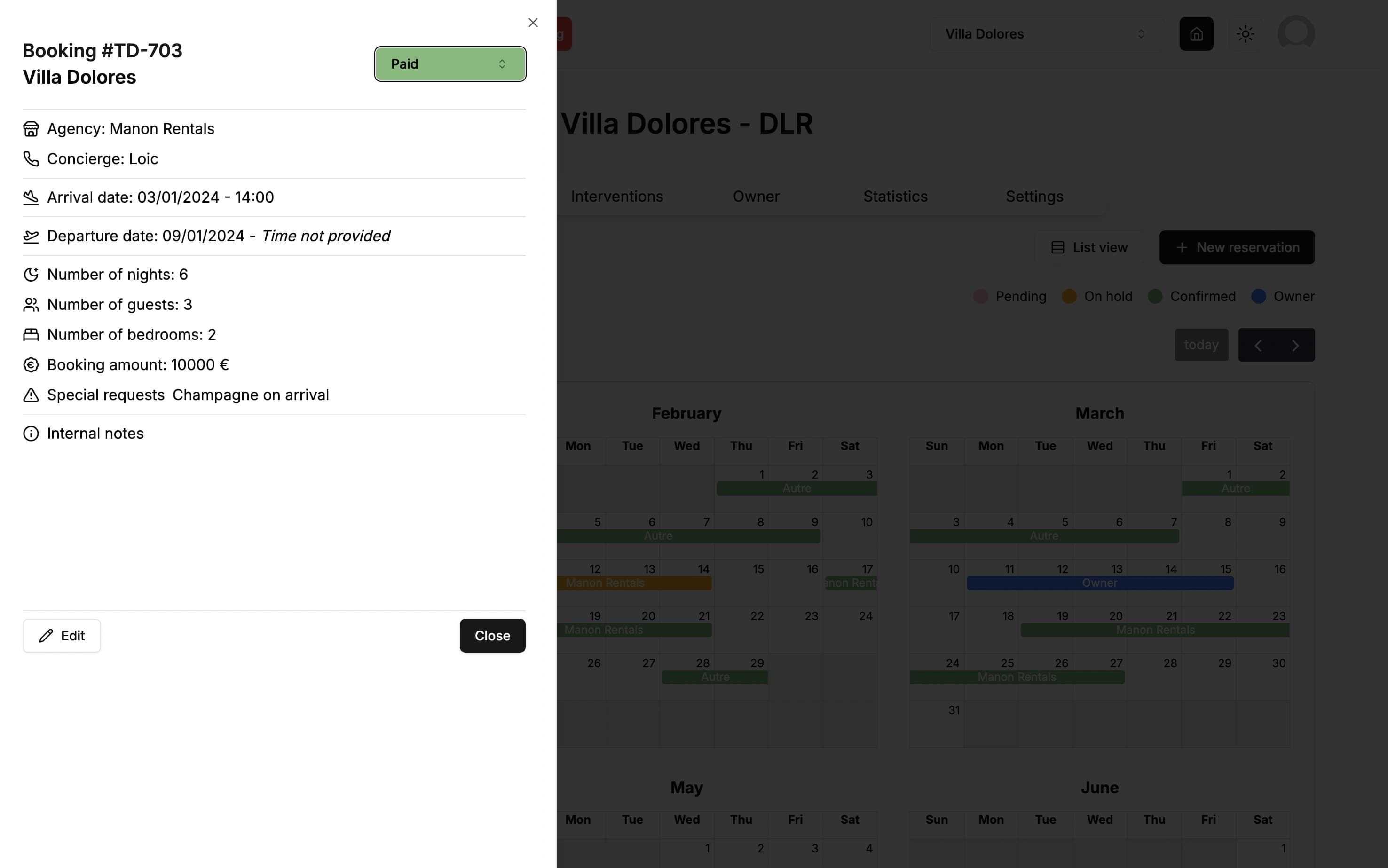 Booking creation and editing form with dates, guests and amounts