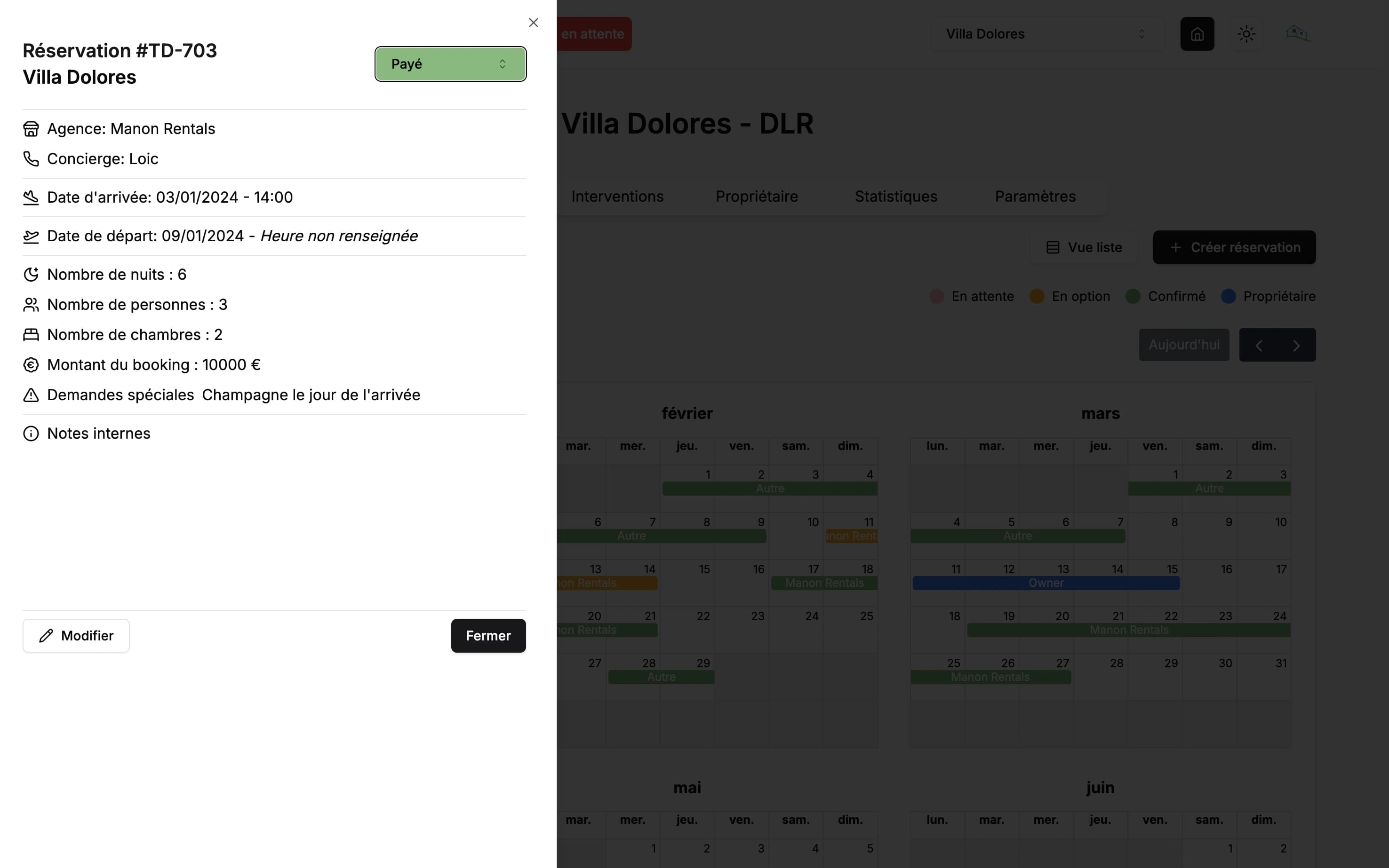 Formulaire de création et modification de réservation avec dates, clients et montants