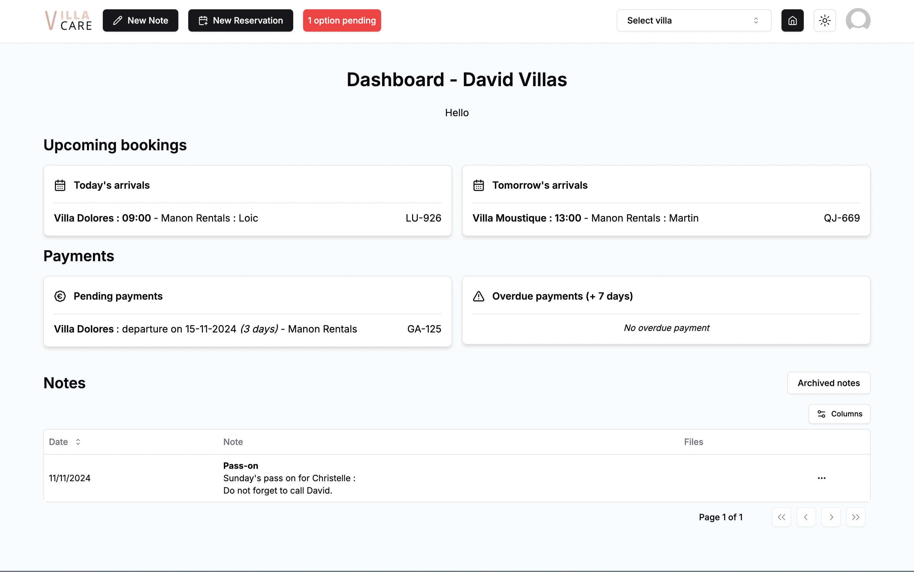 Screenshot of Villa Care dashboard showing booking and planning management
