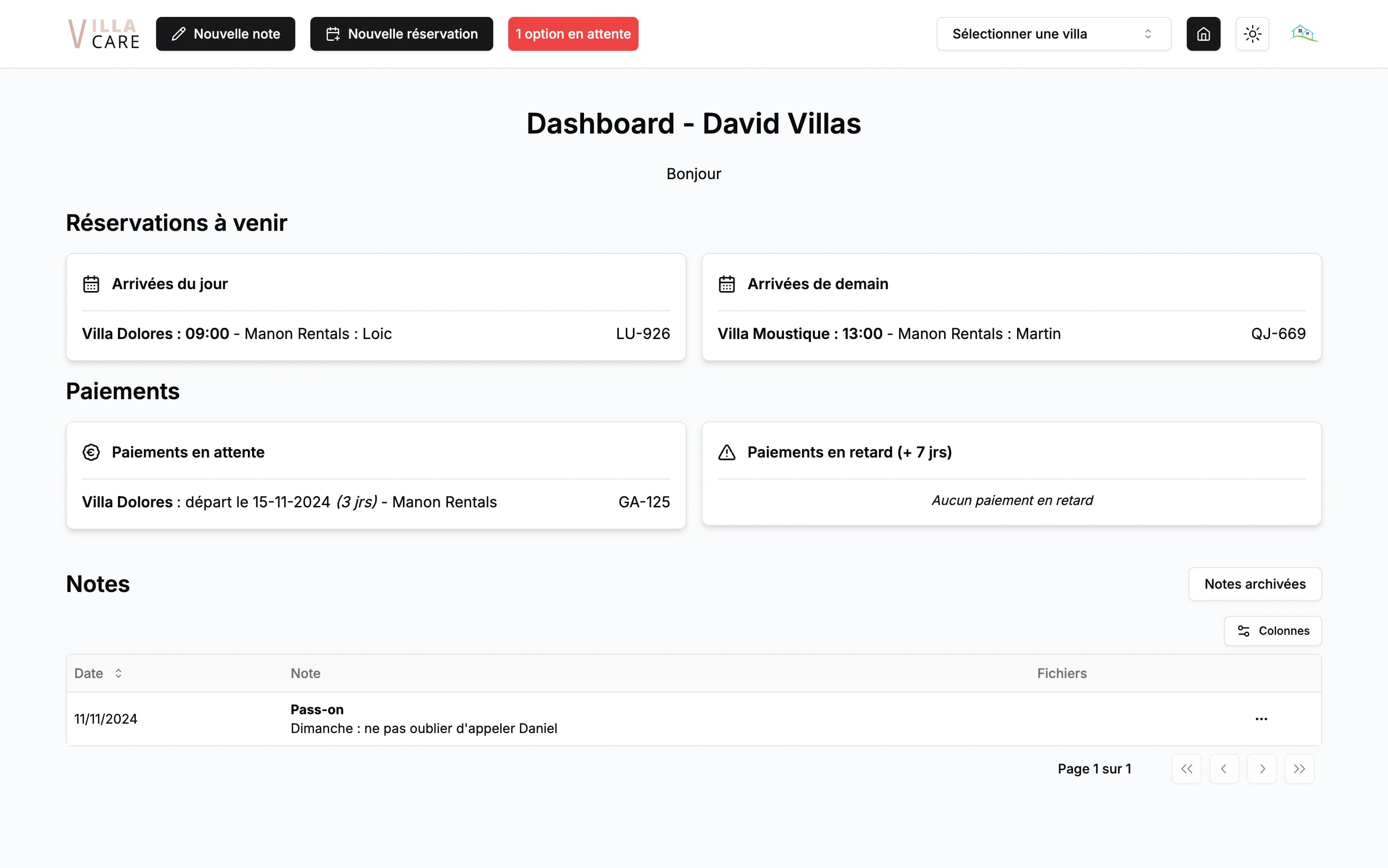 Capture d'écran du tableau de bord Villa Care montrant la gestion des réservations et plannings