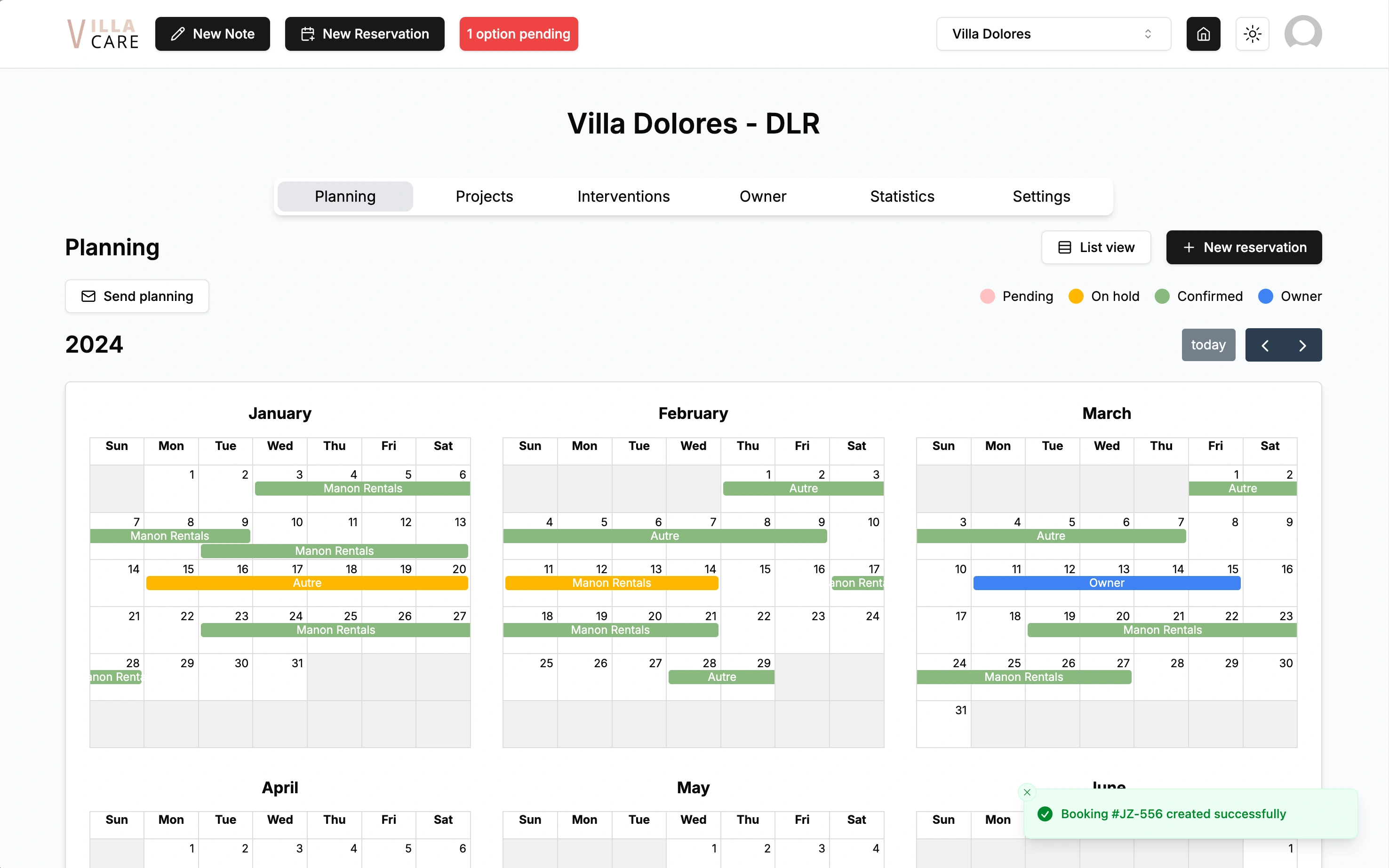 Villa Care planning management interface displaying bookings in monthly calendar view