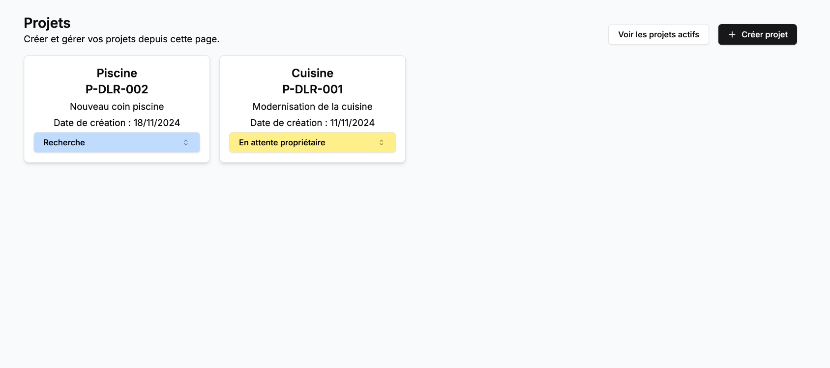 Page de gestion des projets affichant les interventions et notes associées à une villa